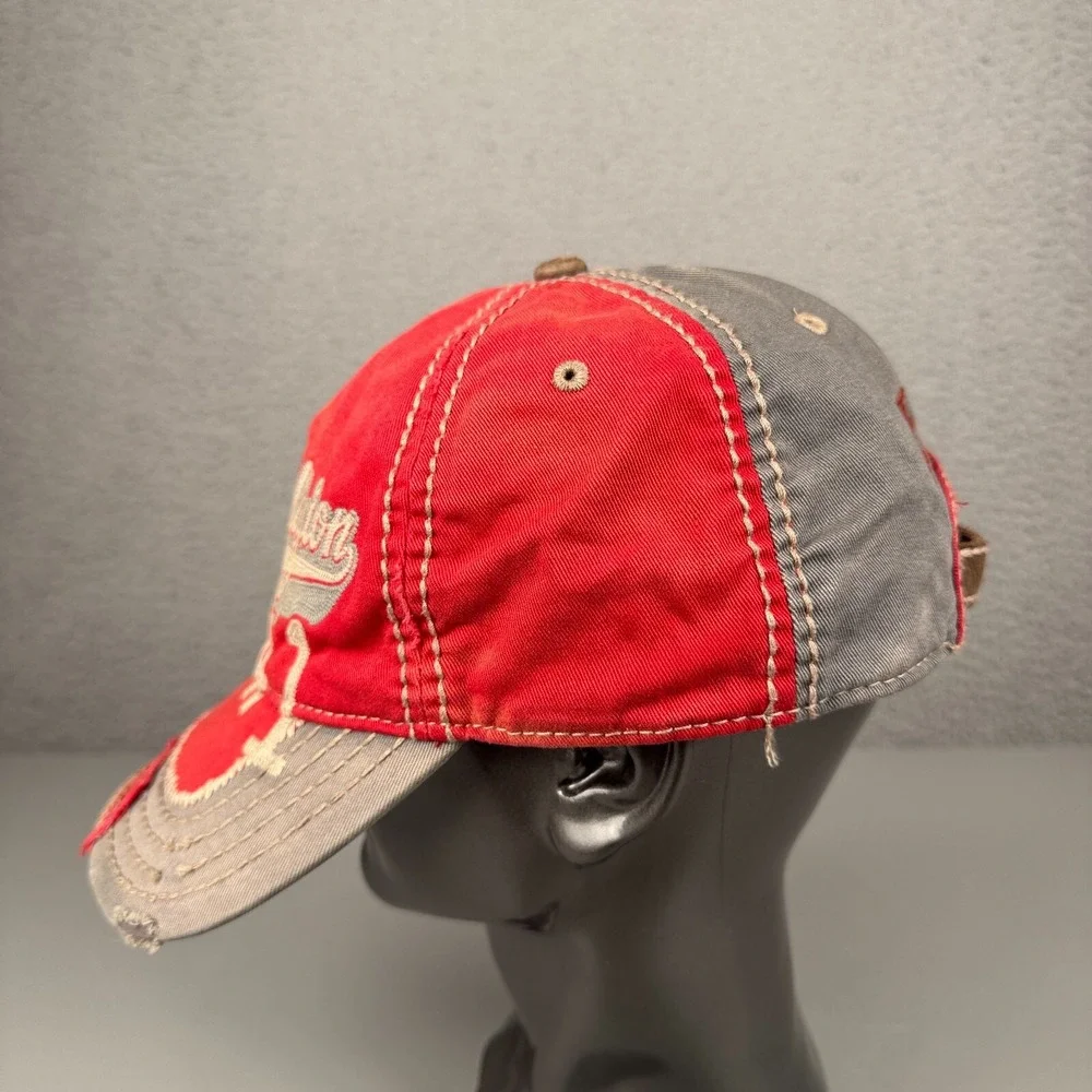 VTG True Religion Hat Mens Red Gray Distressed Y2K Buddha Logo Baseball Cap‎